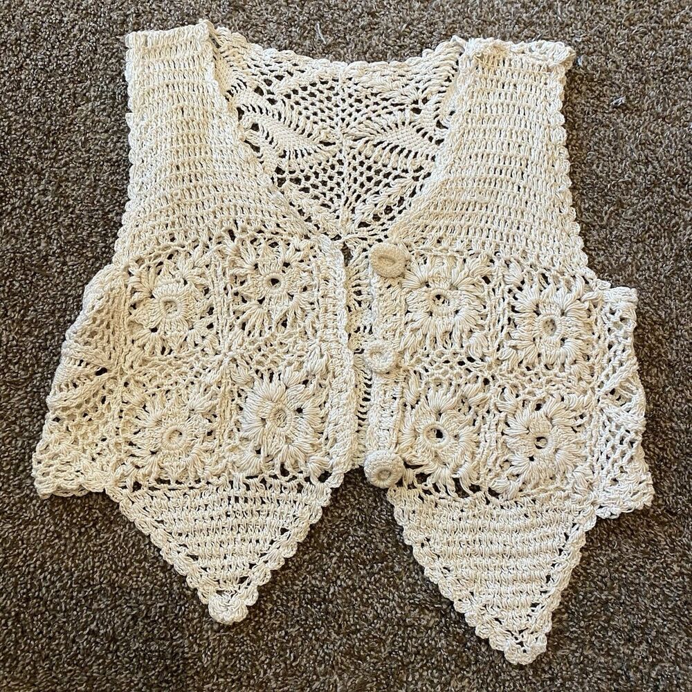 Vintage 90s Cream Ivory Crochet Boho Button Front Vest